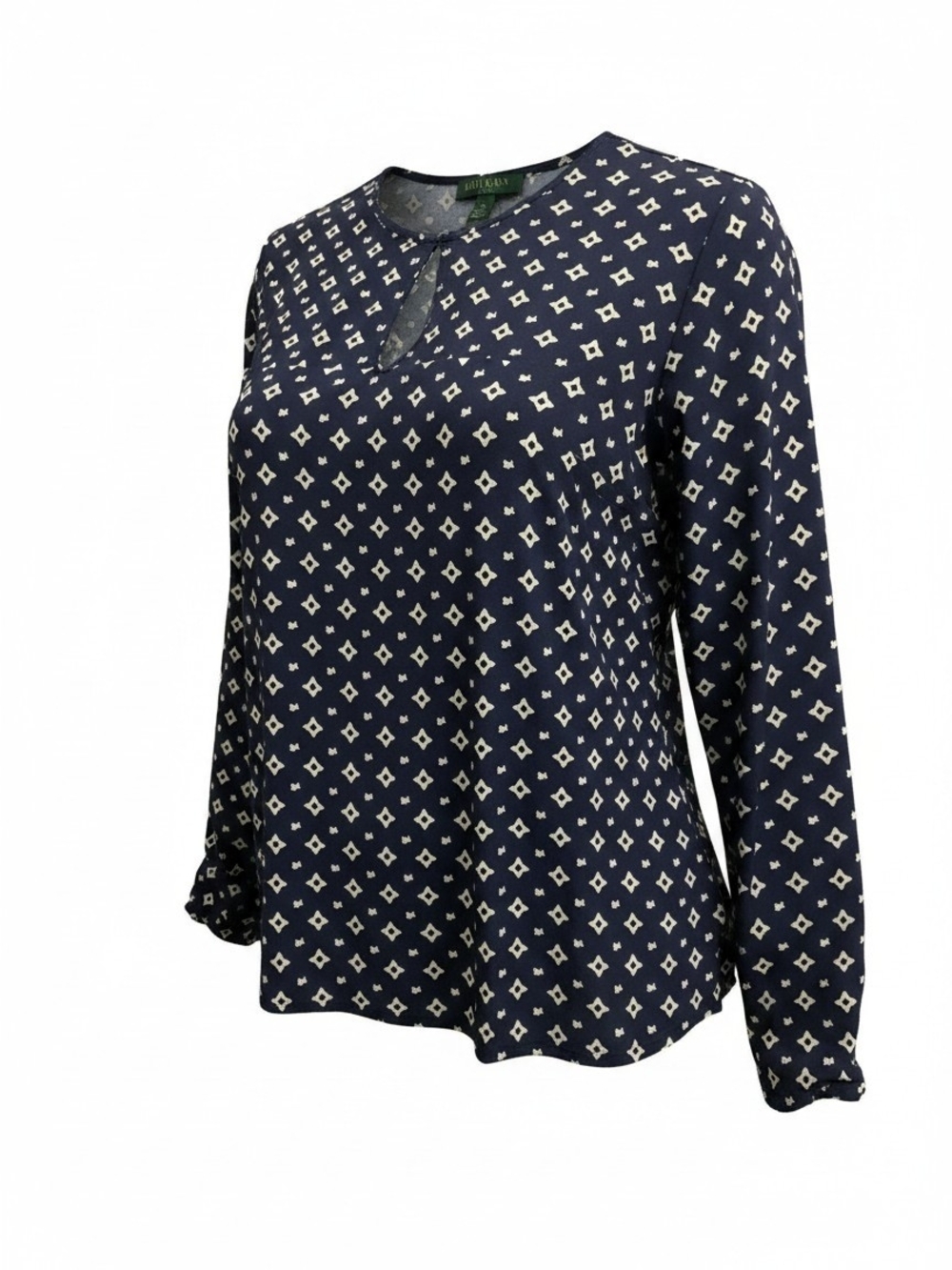 Ralph Lauren Navy Blue White Geometric Print Keyhole Tunic Top LP Excellent Cond